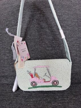 Viral NWT HANDCRAFTED in INDIA Beaded GOLF CART Green & Pink SHOULDER BAG Purse